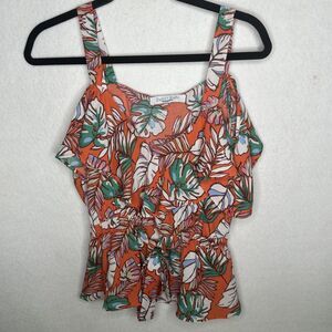 Sweet Rain Womens Top XS Orange Floral Ruffle Flutter Sleeve Blouse